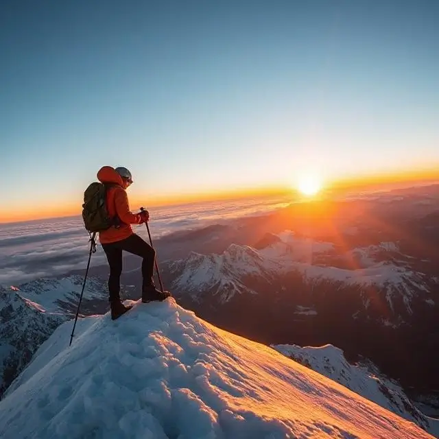 A mountaineer on a snowy peak at sunrise
