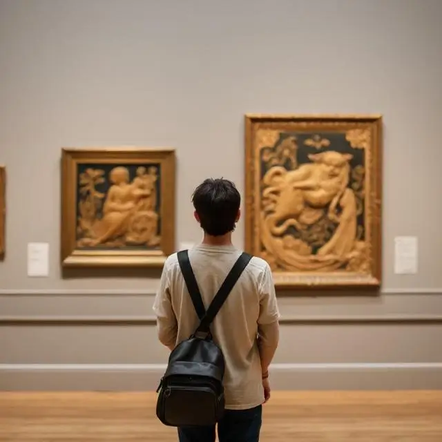 A person admiring intricate art in a quiet museum