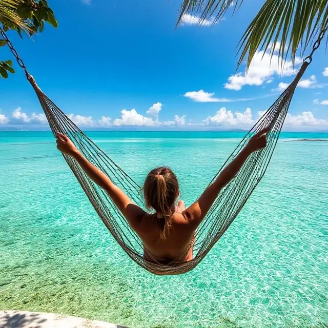 A person relaxing in a hammock overlooking a tranquil turquoise sea