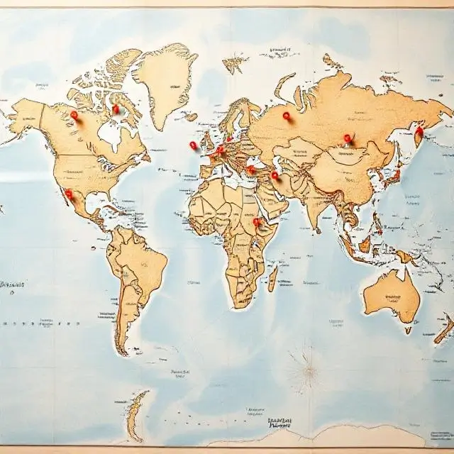 A world map with pins on various travel locations