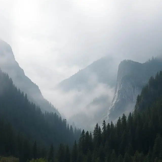 Vast, misty mountain landscape