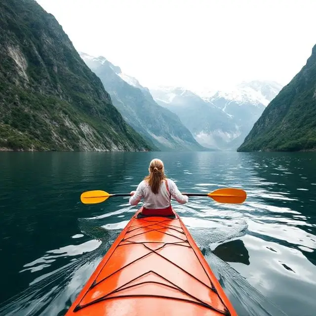 Kayaker paddling in a narrow, majestic fjord