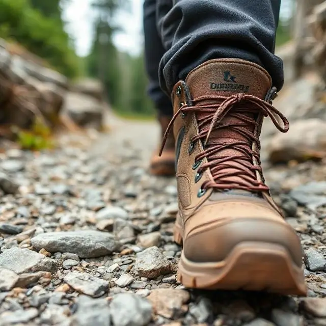 Close-up of hiking boots on a rocky path