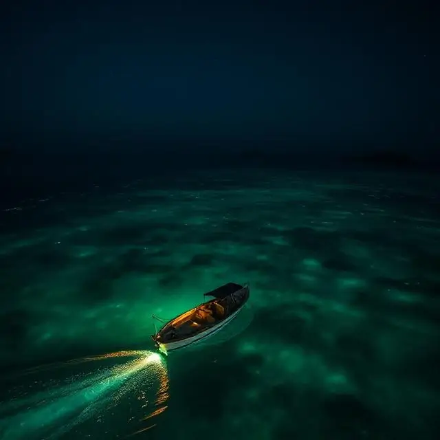 A small boat navigating a glowing bioluminescent bay at night