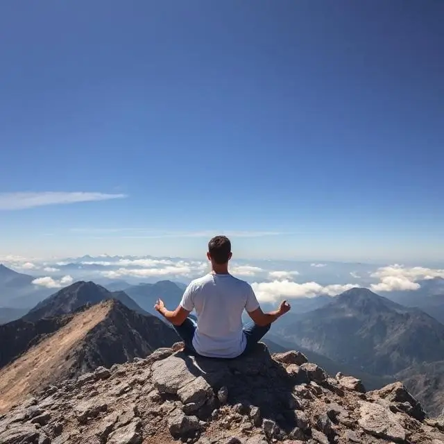 A solo traveler meditating on a mountain peak