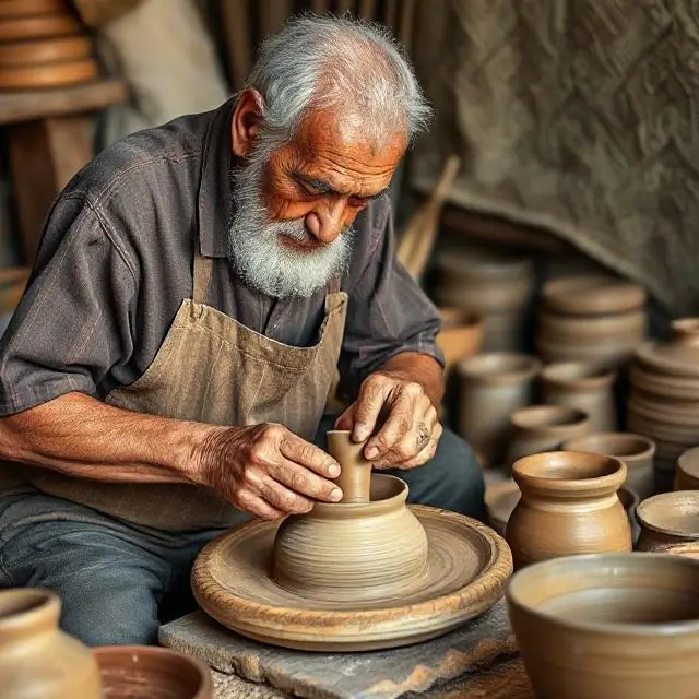 An elderly artisan carefully crafting pottery