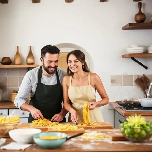 A couple smiling while making pasta in a rustic Italian kitchen