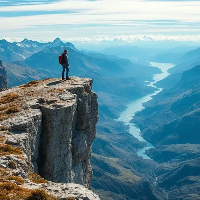 A solo hiker standing on a dramatic cliff edge in Patagonia