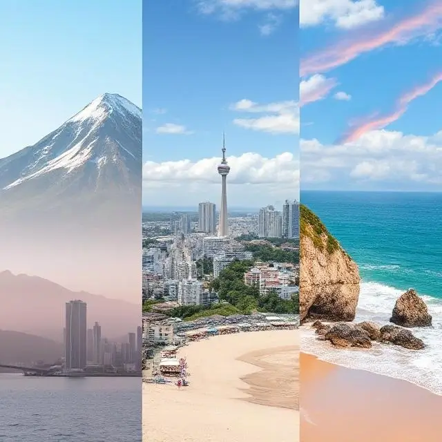 A collage of different travel scenes: a mountain, a city, a beach.