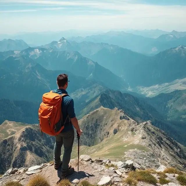 A hiker looking over a vast mountain range