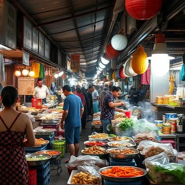 A bustling street food market in Southeast Asia