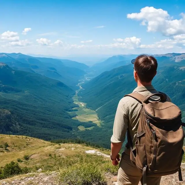 Traveler with a backpack looking at a vast valley