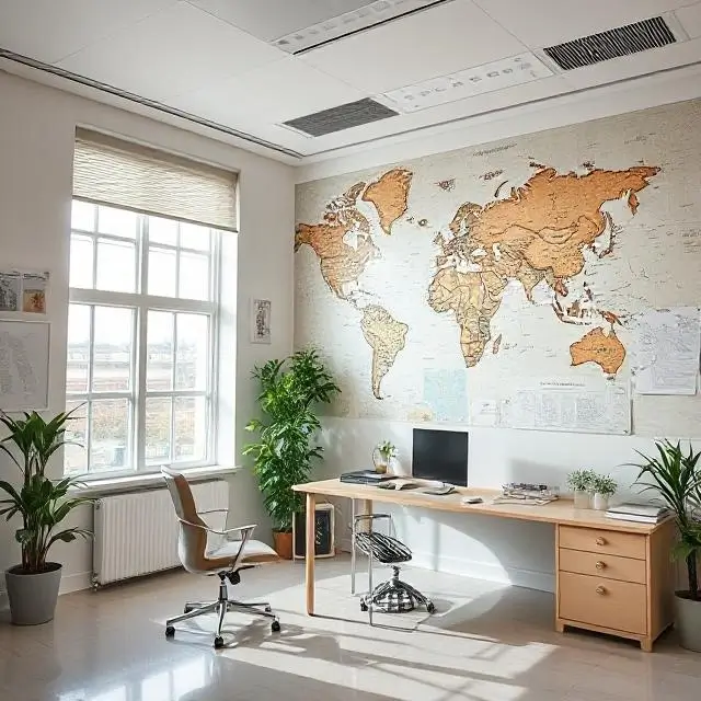 A bright office with maps on the wall