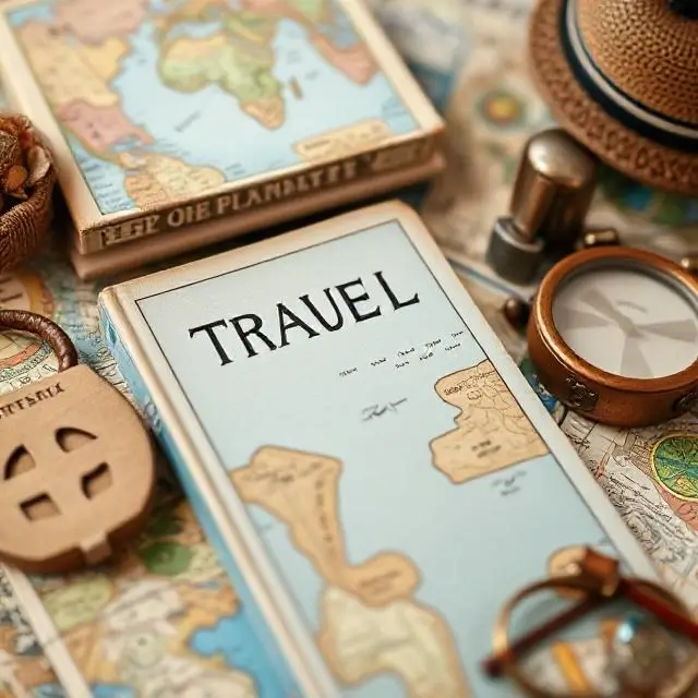 A close-up of travel books and artifacts on a shelf