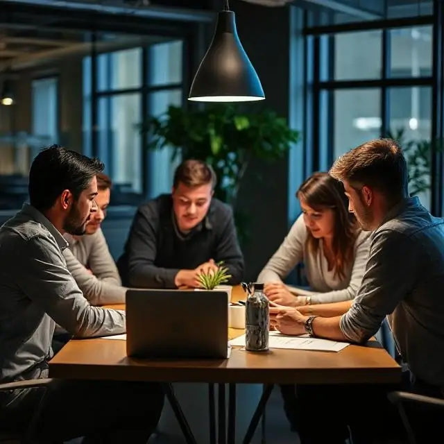 Team members gathered around a large table with laptops